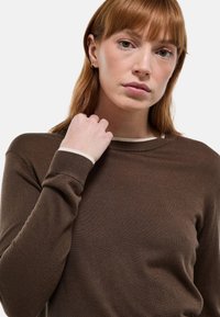 Pull en maille marron à manches longues et encolure ronde. Équipé d'une bordure beige au col et aux poignets. Texture lisse.