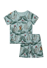 Vaaleansininen lasten pyjamakokonaisuus, jossa on lyhythihainen paita ja shortsit, joissa on luontoaiheinen kuvio eläimistä ja lehdistä. Pehmeä ja hengittävä kangas.
