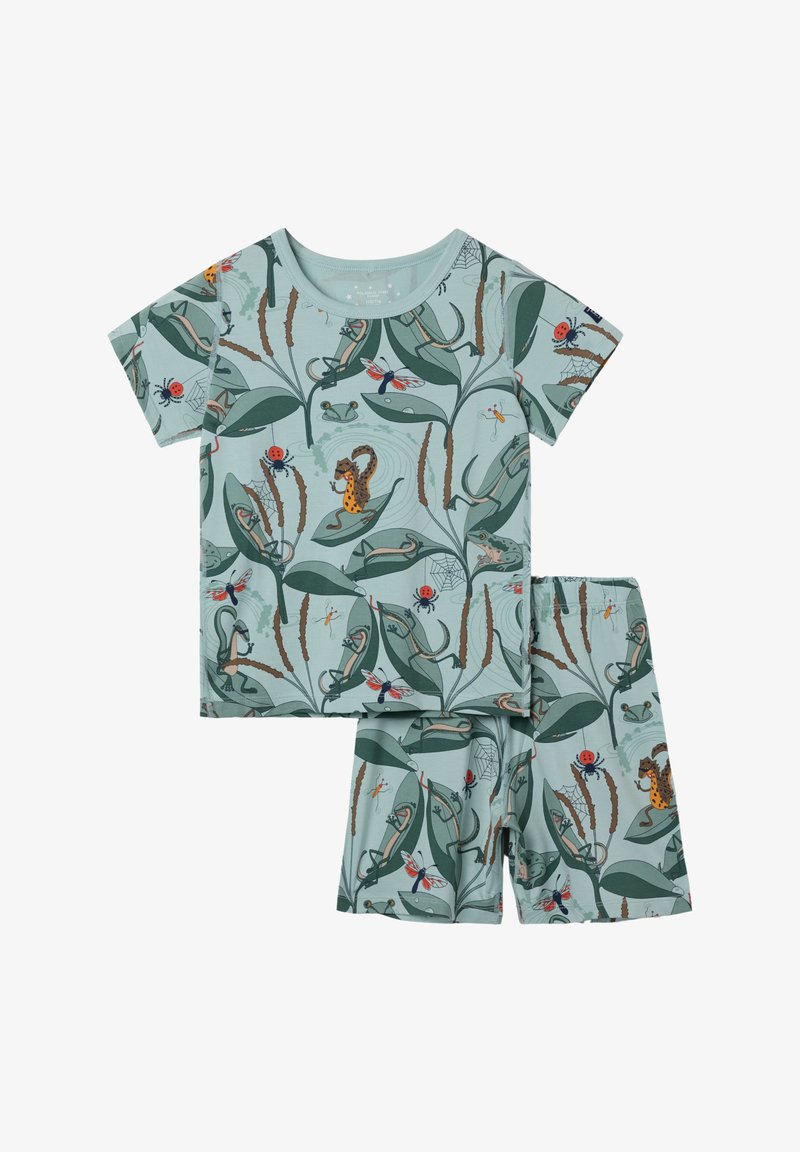 Hellblaues Kinder-Pyjama-Set mit kurzärmeligem Oberteil und Shorts, ausgestattet mit einem von der Natur inspirierten Muster aus Tieren und Blättern. Weicher, atmungsaktiver Stoff.