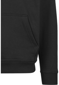 Felpa nera con superficie morbida e strutturata, dotata di tasca a marsupio e polsini a coste all'orlo e alle maniche. Colore uniforme, design casual.