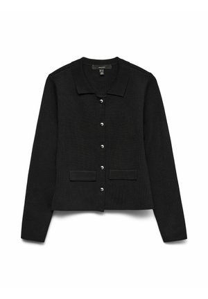 Cardigan nero realizzato in materiale intrecciato testurizzato, con colletto, chiusura con bottoni argentati e due tasche frontali.