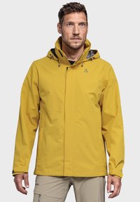 Gelbe wasserdichte Jacke mit Kapuze, grauen Akzenten und einem Frontreißverschluss. Verfügt über einen modernen Schnitt und elastische Bündchen für eine enge Passform.