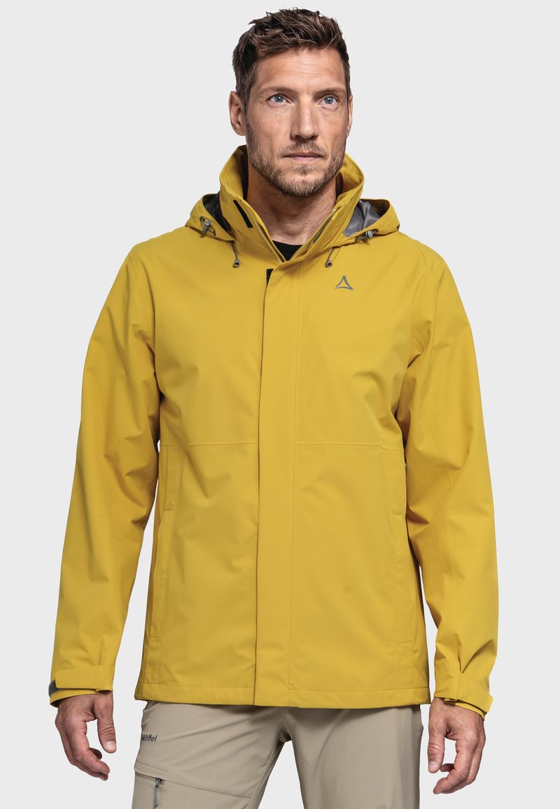 Gelbe wasserdichte Jacke mit Kapuze, grauen Akzenten und einem Frontreißverschluss. Verfügt über einen modernen Schnitt und elastische Bündchen für eine enge Passform.