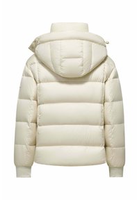 Gewatteerde crèmekleurige jas met een kap, voorzien van een quilted ontwerp en ribbelmanchetten, met een gladde, glanzende textuur.