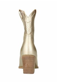 Gold metallic ankle boot with crocodile texture, pointed toe, and a stacked wooden heel. Features a zip closure at the back.