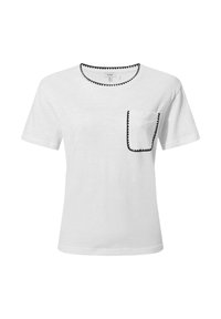 White short-sleeve T-shirt with black scalloped trim around the neckline and on the left chest pocket edge.