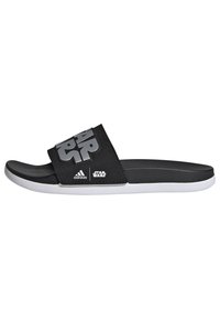 Black slide sandals with a wide strap featuring "STAR WARS" in bold, gray lettering. White outsole with textured footbed for grip.