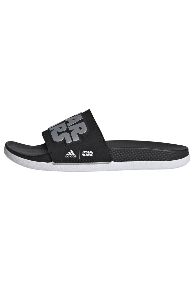 Black slide sandals with a wide strap featuring "STAR WARS" in bold, gray lettering. White outsole with textured footbed for grip.