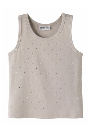 Beige ribbed sleeveless tank top with small silver dots evenly scattered across the fabric, size label visible at the neckline.