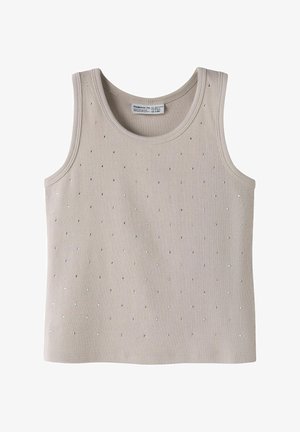 Beige ribbed sleeveless tank top with small silver dots evenly scattered across the fabric, size label visible at the neckline.