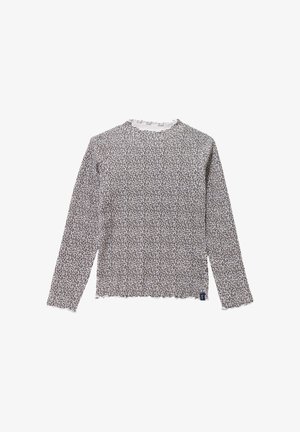 Maglietta a maniche lunghe con stampa leopardata marrone e nera su uno sfondo chiaro, con un collo arricciato e orlo a onda.