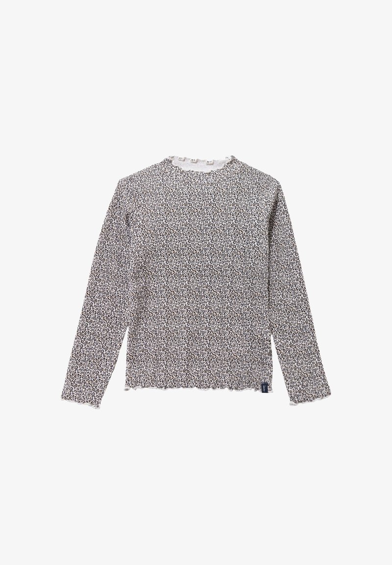 Top de manga larga con un patrón de estampado de leopardo en marrón y negro sobre un fondo claro, con un escote con volantes y un dobladillo en forma de ondas.