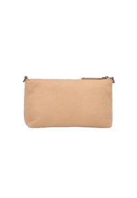 Beżowa skórzana kopertówka o gładkiej fakturze, prostokątnym kształcie i zapięciu na zamek. Minimalistyczny design bez widocznych akcentów sprzętowych.