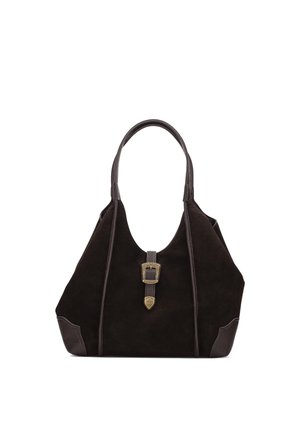 Zwarte suède totebag met donkerbruine leren afwerking, een enkele handgreep en een decoratieve gouden gesp op de voorste riem.
