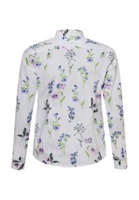 Koszula z długim rękawem wykonana z białej tkaniny w kwiatowy wzór w odcieniach niebieskiego, różowego i zielonego. Standardowy kołnierzyk i zaokrąglony dół.