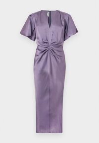 Robe en satin lavande avec un décolleté en V, des manches flottantes et un détail en torsion à l'avant. La conception est ajustée au niveau de la taille, se déversant jusqu'à une longueur midi.