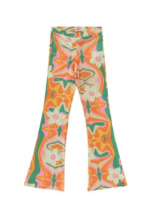 Kleurrijke flared leggings met een gedurfde abstracte print in oranje, groen, roze en crème, met witte bloemen met roze centra. Soepele stoftextuur.