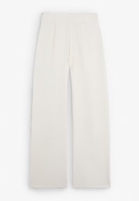 Pantalons à large jambe en tissu beige clair. Exception faite de plis à l'avant et d'une texture lisse. Pas de quincaillerie ou d'accents visibles.