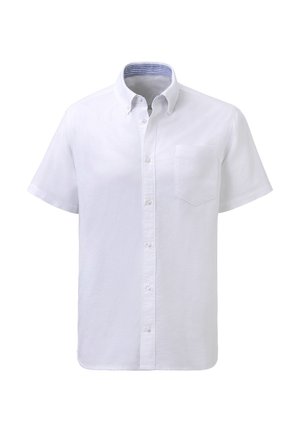White short-sleeve shirt with a button-down collar, featuring a pocket on the left chest and striped interior lining. Smooth texture.
