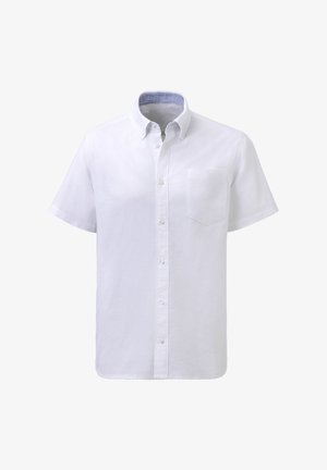 Weißes kurzärmliges Hemd mit Kragen zum Knöpfen, ausgestattet mit einer Tasche auf der linken Brustseite und gestreiftem Innenfutter. Glatte Textur.