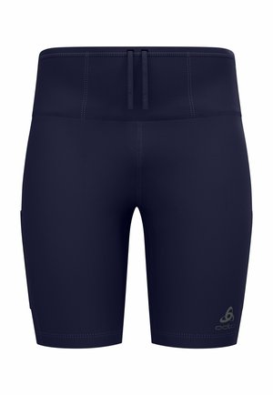 Marineblaue Sportshorts aus glattem Material, mit hohem Bund, flachen Nähten und einer Seitentasche zur Aufbewahrung.