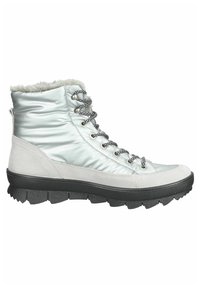 Silberne wasserdichte Stiefelette mit Kunstpelzfutter, gepolstertem Schaft, schwarzer Gummisohle und metallischen Schnürsenkeln. Wildlederelemente an den Seiten.