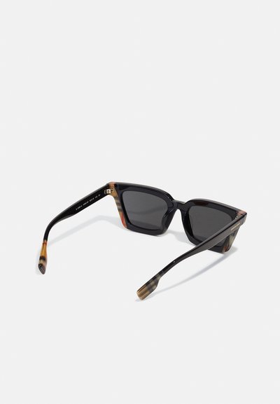 Black sunglasses with a geometric frame, gray lenses, and tortoiseshell-patterned accents on the arms. Polished finish with bold edges.