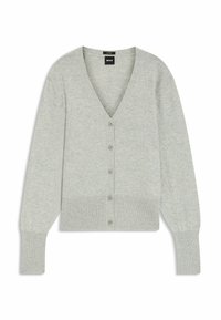 Light gray cardigan featuring a V-neckline, long sleeves, button front closure, ribbed cuffs, and hem. Made from a soft knit material.