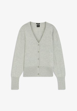 Light gray cardigan featuring a V-neckline, long sleeves, button front closure, ribbed cuffs, and hem. Made from a soft knit material.