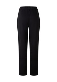 Zwarte broek met een brede elastische tailleband. Gemaakt van soepele, lichte stof. Recht gesneden met geen zichtbare zakken of versieringen.