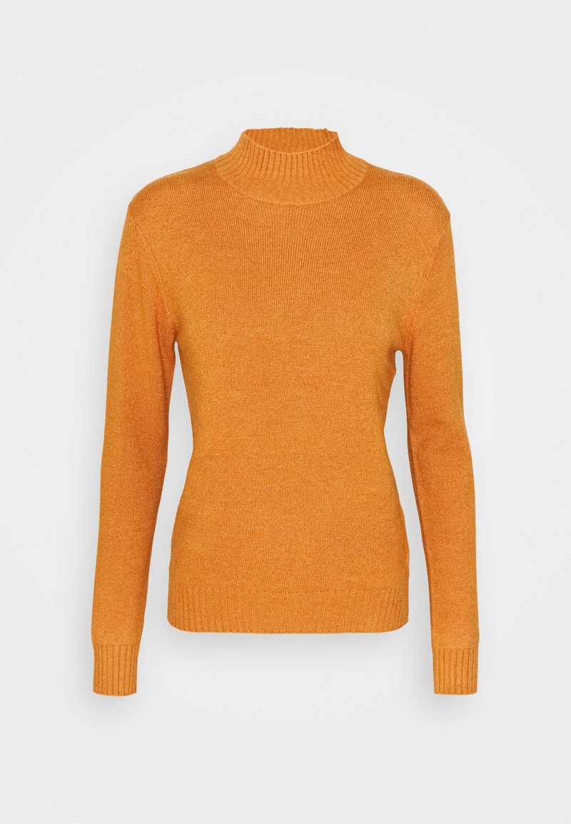 Pull orange en maille à manches longues avec col cheminée côtelé, poignets et ourlet, sur un fond clair uni.
