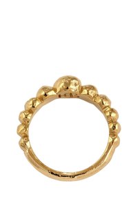 Arany gyűrű, textúrált, lekerekített kialakítással, kiemelkedő, domború díszítésekkel. Simma belső és fényes külső, változó felületi fényességgel.