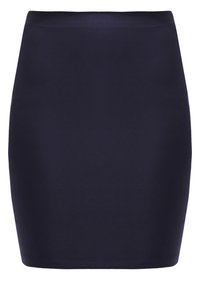 Marineblaue, figurbetonte Rock aus glattem Stoff, mit einem mittellangen Design, das eine klare, schlichte Silhouette ohne sichtbare Verschlüsse bietet.