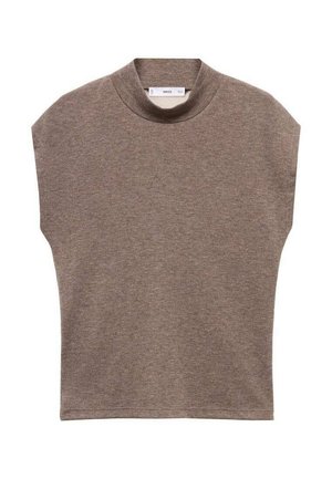 Brown short-sleeve top with a high, rounded neckline and a boxy shape. Made from soft fabric with minimal seams and no visible hardware.