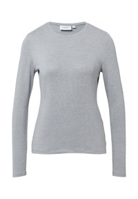 Szary longsleeve z długim rękawem, wykonany z miękkiego, lekkiego materiału; charakteryzuje się okrągłym dekoltem i dopasowanym kształtem z delikatną teksturą.