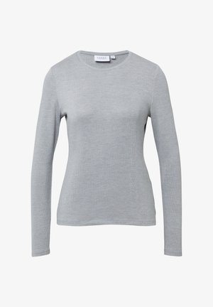 Maglietta grigia a maniche lunghe realizzata in tessuto morbido e leggero; presenta un collo rotondo e una forma aderente con una sottile texture.