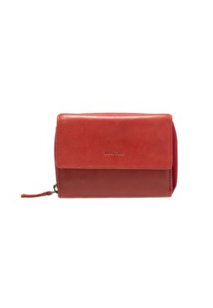 Red leather wallet with a smooth finish, featuring a fold-over flap and zip closure. Clear brand logo embossed on the front.