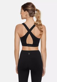 Black sports bra with a crisscross back design, smooth fabric, and a keyhole detail. Paired with high-waisted black leggings featuring a logo accent.