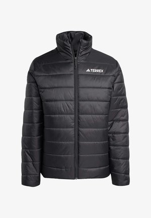 Chaqueta negra acolchada con cremallera frontal, cuello alto y patrón de costuras horizontales. Presenta un logo blanco "TERREX" en la parte superior izquierda.