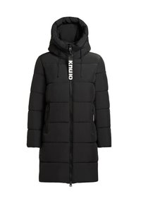Black puffer jacket with a hood, zip closure, and two side pockets. Features a quilted design and a branded zipper pull tab.