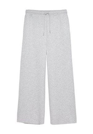 Pantaloni della tuta grigio chiaro a gambe larghe con vita elastica e coulisse regolabile, realizzati in tessuto morbido.