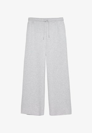 Svetlosivé široké nohavice teplákového štýlu s elastickým pásom a nastaviteľným sťahovacím šnúrkou, vyrobené z mäkkej látky.