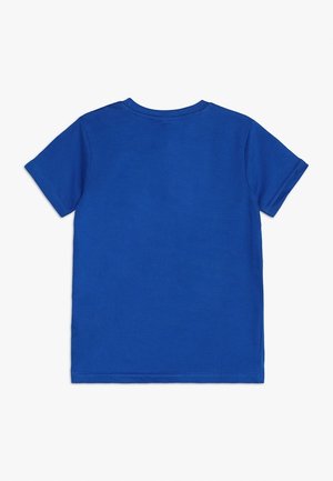 Enkelt blå kortærmet bomuld T-shirt vist bagfra med rund hals og enkel syning på ærmer og kant.