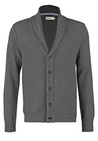 Cardigan en maille gris foncé pour homme avec panneaux avant texturés, col châle, poignets et ourlet côtelés, et cinq boutons noirs à l’avant.