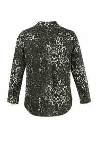 Leopard print shirt in dark green and white, featuring a collar, long sleeves, and a curved hem. Made from a textured fabric.
