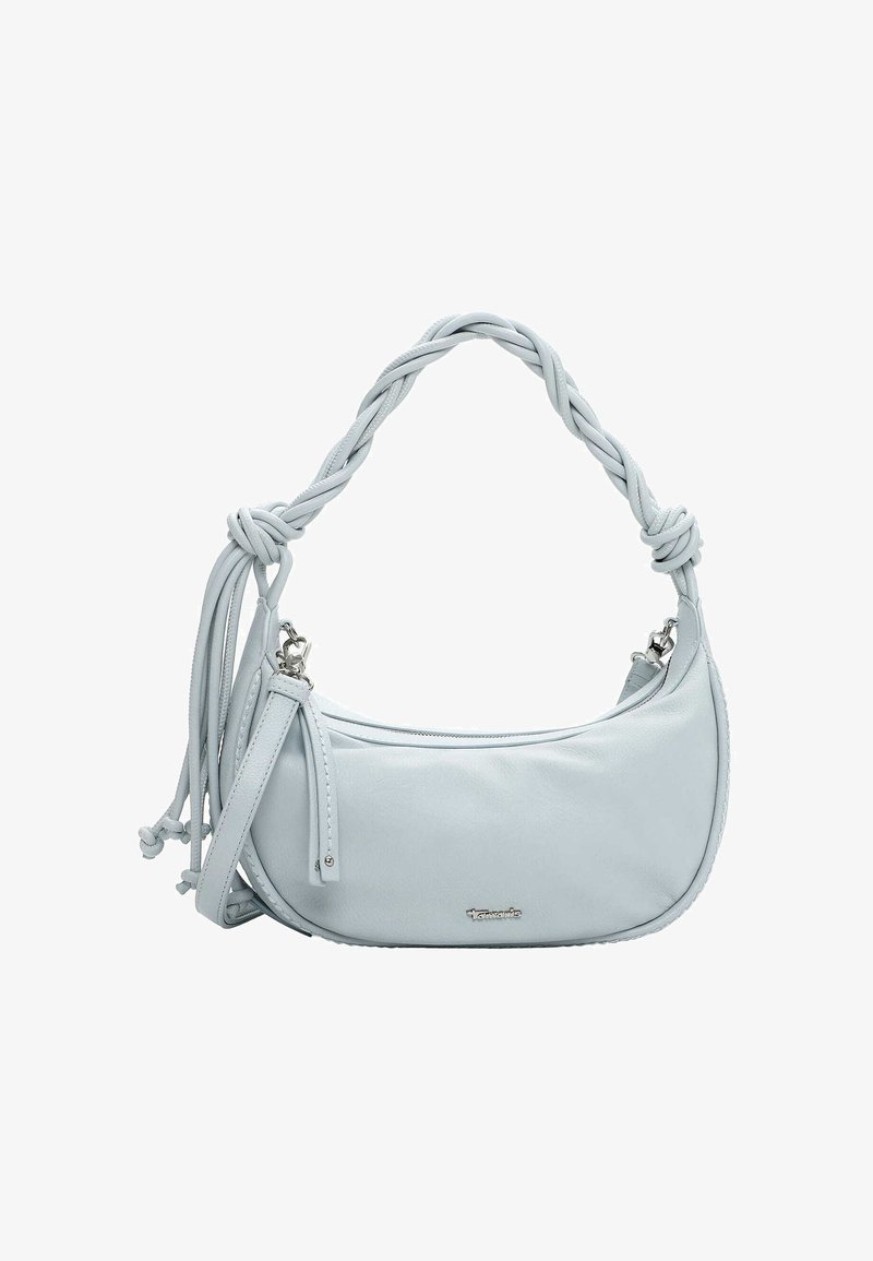 Borsa in pelle azzurro chiaro con manico intrecciato, chiusura con zip e nappine decorative. Presenta linee eleganti e dettagli in metallo color argento.