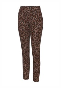 Leopardmuster-Leggings in Schwarz und Dunkelorange, mit enger Passform und breitem Bund, aus dehnbarem Stoff für zusätzlichen Komfort.