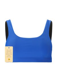 Blå sport-bh med en slät yta, breda remmar och svarta sidodetaljer. Lappen visar att den har UVA- och UVB-skydd.
