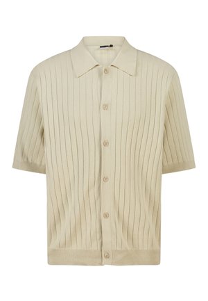 Beige korte mouw ribgebreid vest met kraag en zes knopen aan de voorkant, met een verticale geribbelde structuur.