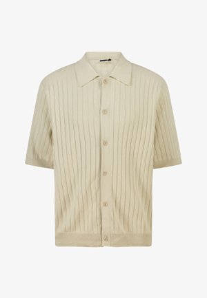 Beige korte mouw ribgebreid vest met kraag en zes knopen aan de voorkant, met een verticale geribbelde structuur.